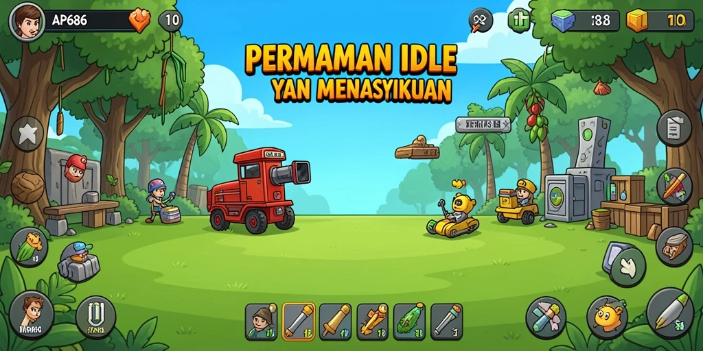 Tampilan gameplay AP686 dengan karakter yang sedang mengumpulkan sumber daya.
