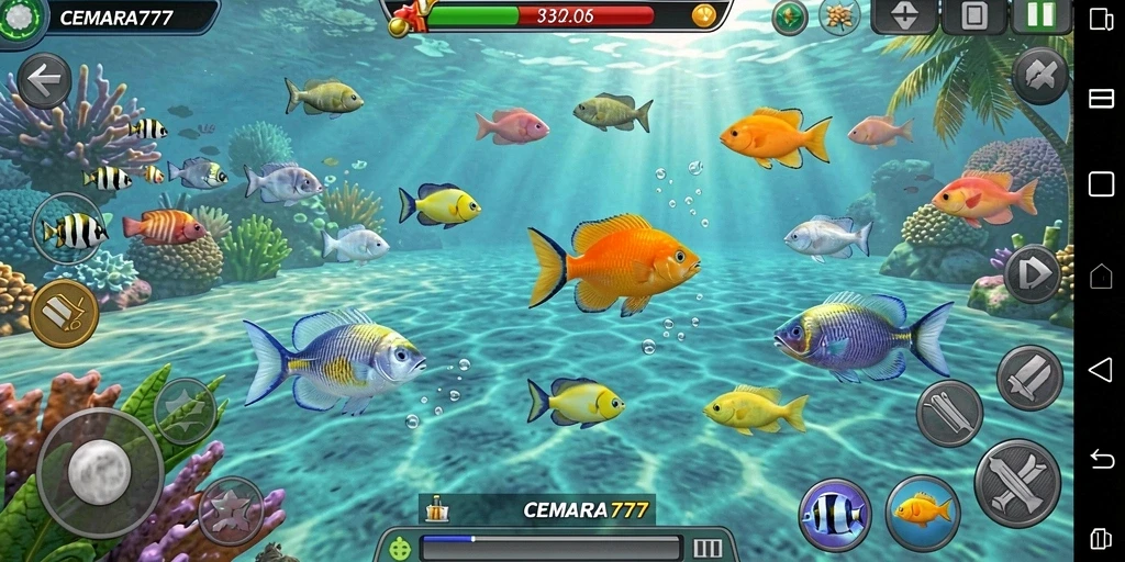 Screenshot gameplay CEMARA777 dengan aksi memancing ikan yang seru.