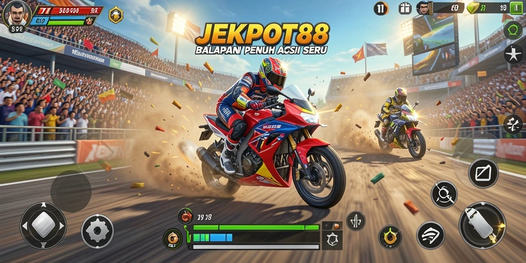 Gameplay seru JEKPOT88 dengan balapan motor menegangkan.
