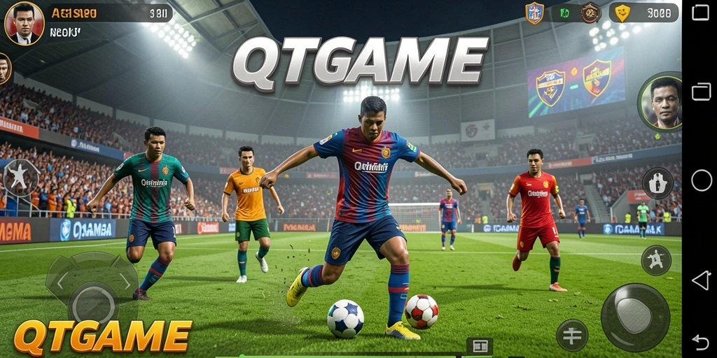 Screenshot QTGAME menampilkan aksi seru pemain di lapangan sepak bola.