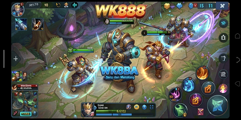 Screenshot gameplay WK888 menampilkan aksi seru dalam pertempuran MOBA.